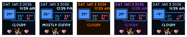 Weather display examples showing default, NYC, orange, purple, and Celsius themes